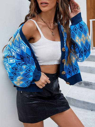 Geometric Button Up Dropped Shoulder Cardigan - Trendsi - Flyclothing LLC