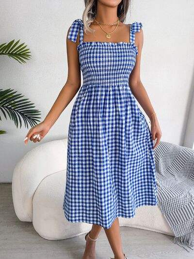 Frill Plaid Square Neck Midi Dress - Trendsi - Flyclothing LLC