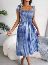 Frill Plaid Square Neck Midi Dress - Trendsi - Flyclothing LLC