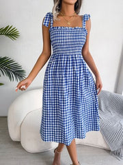 Frill Plaid Square Neck Midi Dress - Trendsi