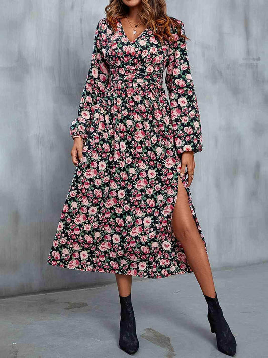 Floral V-Neck Slit Midi Dress - Trendsi - Flyclothing LLC