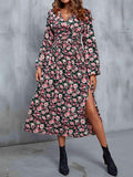 Floral V-Neck Slit Midi Dress - Trendsi