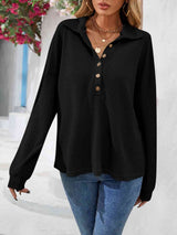 Half Button Collared Neck Long Sleeve Top - Trendsi - Flyclothing LLC