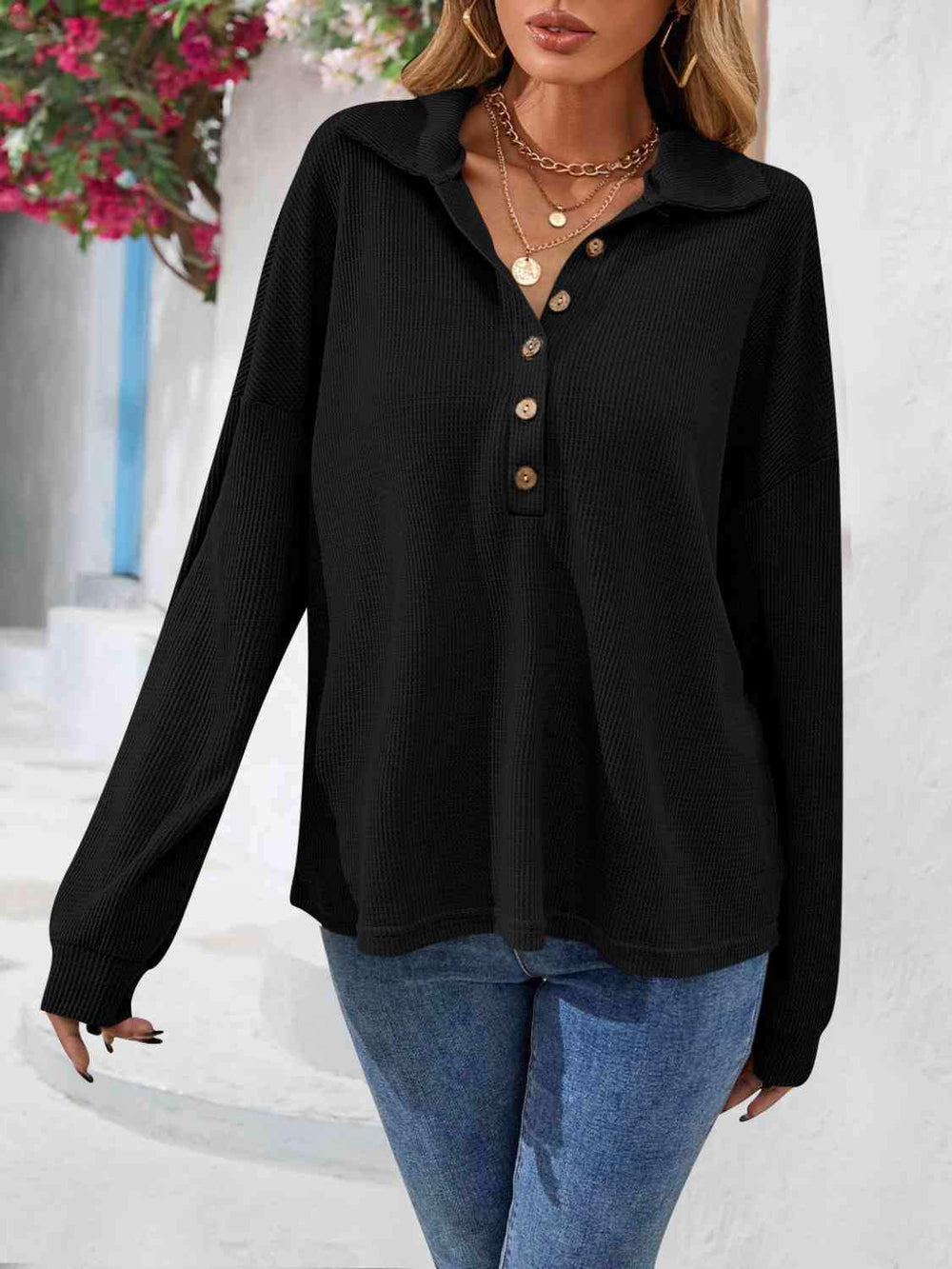 Half Button Collared Neck Long Sleeve Top - Trendsi - Flyclothing LLC