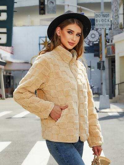 Fuzzy Checkered Zip Up Jacket - Trendsi - Flyclothing LLC