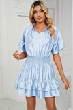 Smocked Tie Neck Flounce Sleeve Dress - Trendsi - Flyclothing LLC