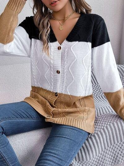 Cable-Knit Striped Button Up Cardigan - Trendsi