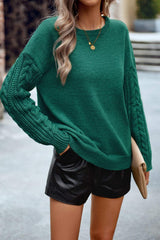 Cable-Knit Round Neck Drop Shoulder Sweater - Trendsi - Flyclothing LLC