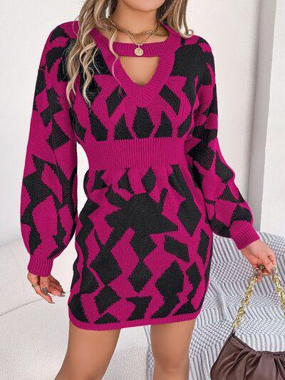 Contrast Round Neck Cutout Long Sleeve Mini Sweater Dress - Trendsi