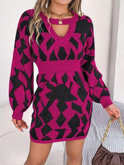 Contrast Round Neck Cutout Long Sleeve Mini Sweater Dress - Trendsi