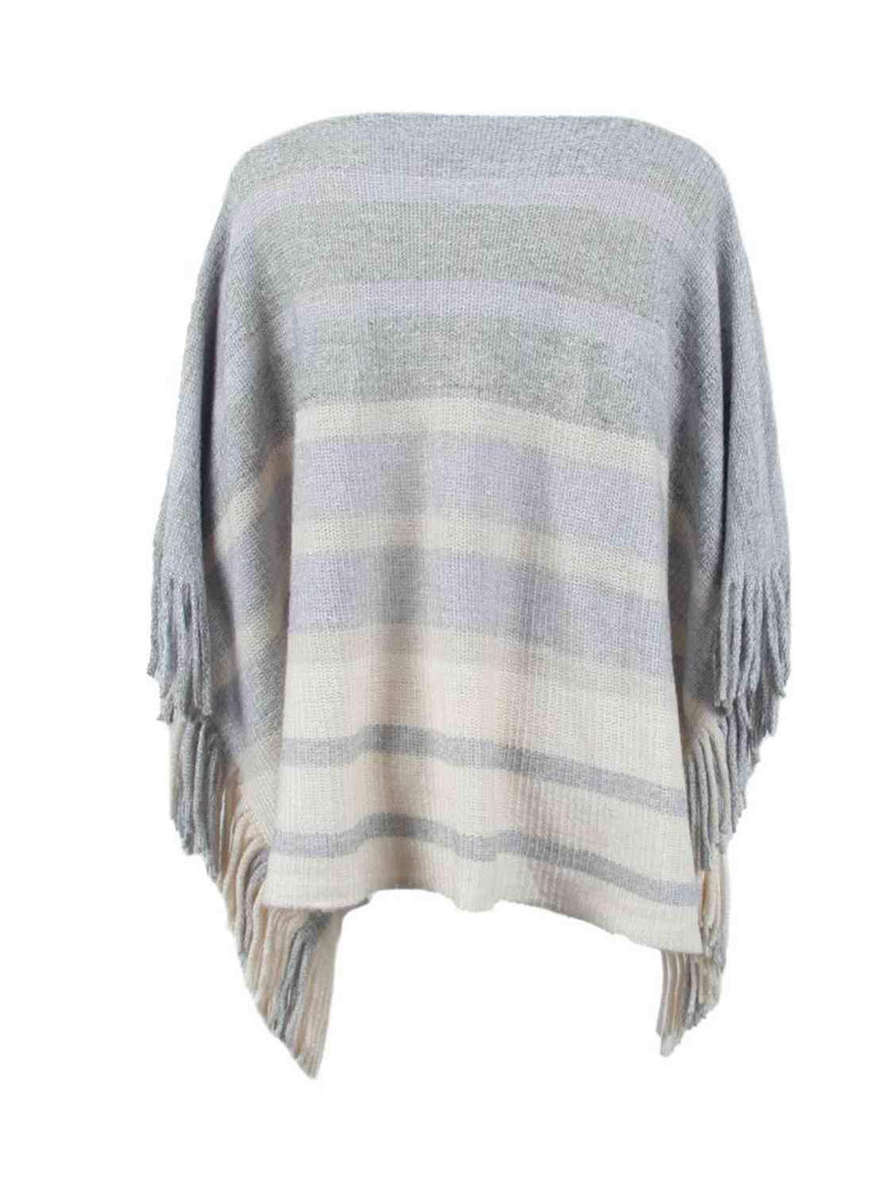 Striped Boat Neck Poncho with Fringes - Trendsi - Flyclothing LLC