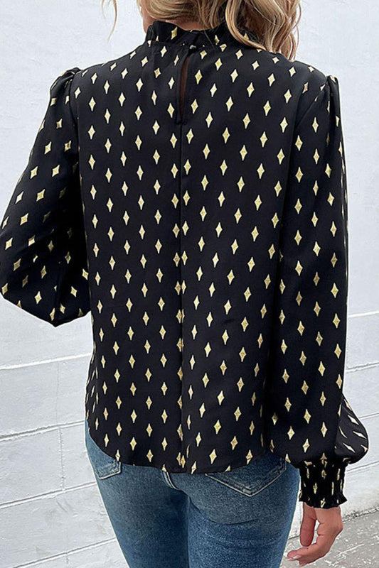 Geometric Print Frill Neck Lantern Sleeve Blouse - Trendsi
