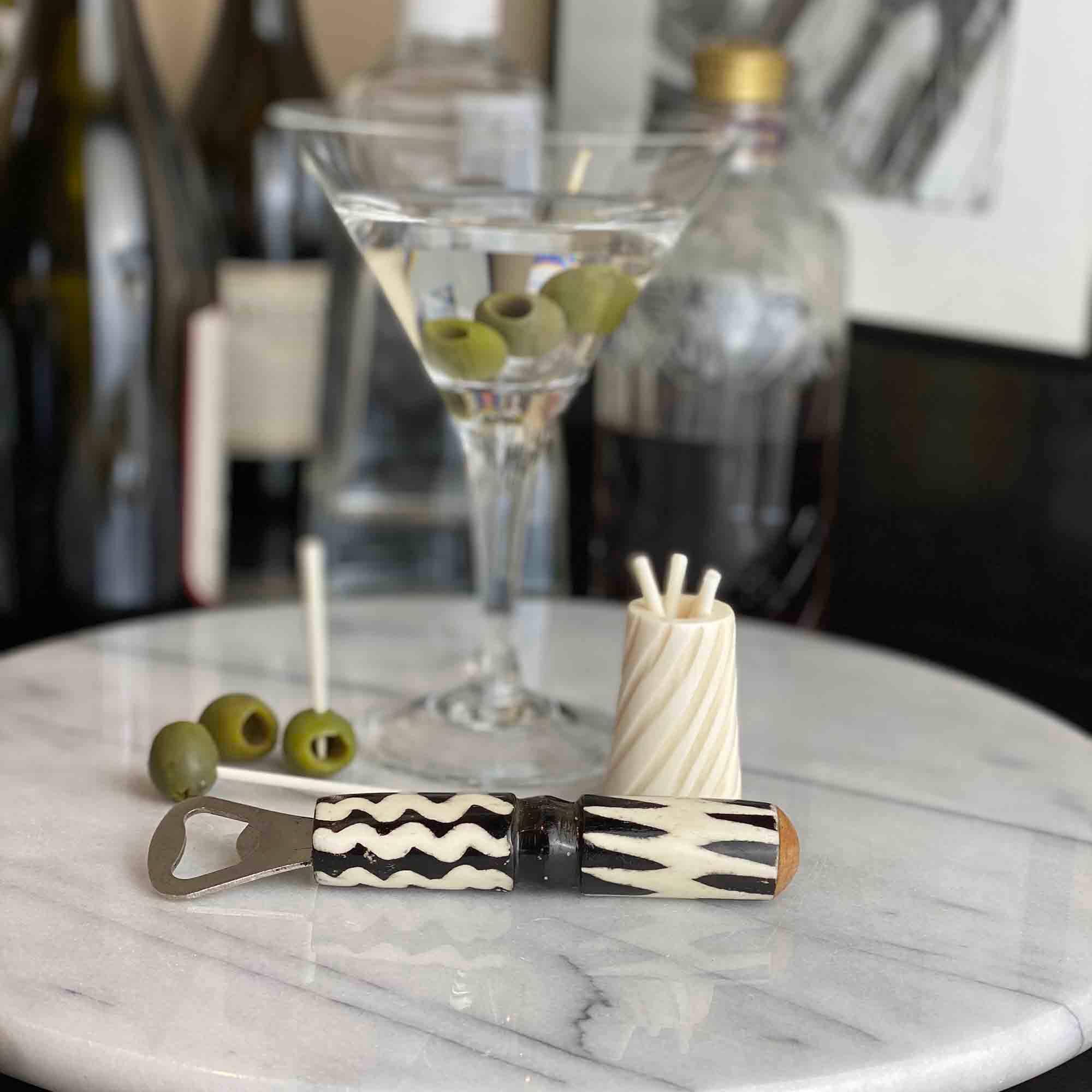 Hand-caved Cocktail Picks & Jar in Natural Bone - Jedando - Flyclothing LLC