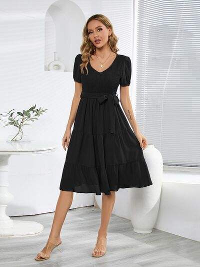 Smocked Tie Front Short Sleeve Tiered Dress - Trendsi - Flyclothing LLC