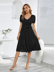 Smocked Tie Front Short Sleeve Tiered Dress - Flyclothing LLC