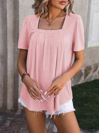 Ruched Square Neck Short Sleeve Blouse - Trendsi - Flyclothing LLC