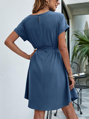 Belted Round Neck Curved Hem Dress - Trendsi