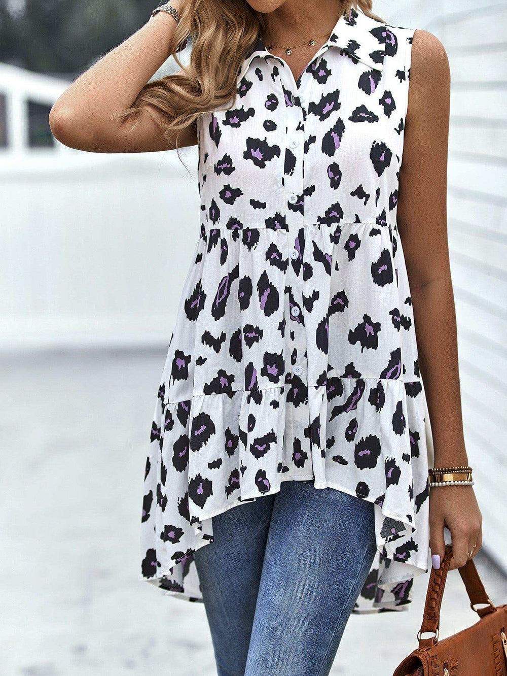 Leopard High-Low Sleeveless Shirt - Trendsi - Flyclothing LLC