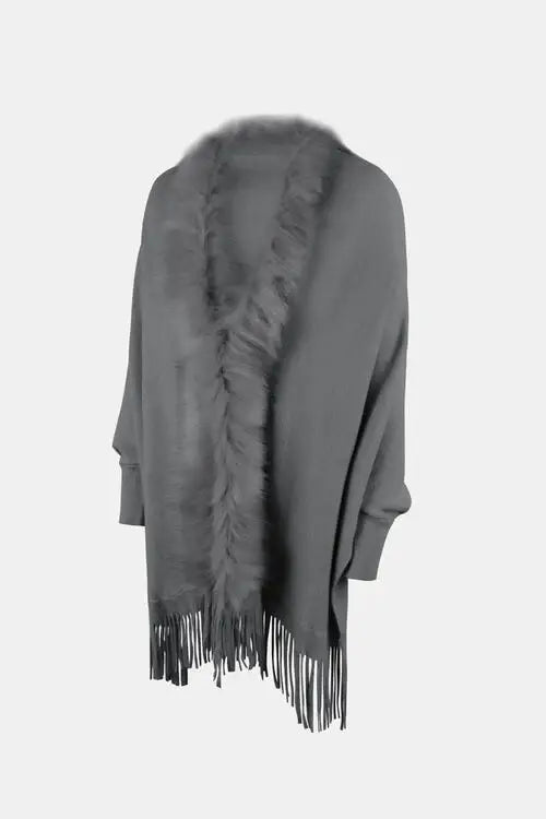 Fringe Open Front Long Sleeve Poncho - Trendsi - Flyclothing LLC