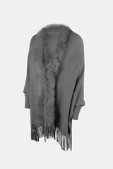 Fringe Open Front Long Sleeve Poncho - Trendsi - Flyclothing LLC
