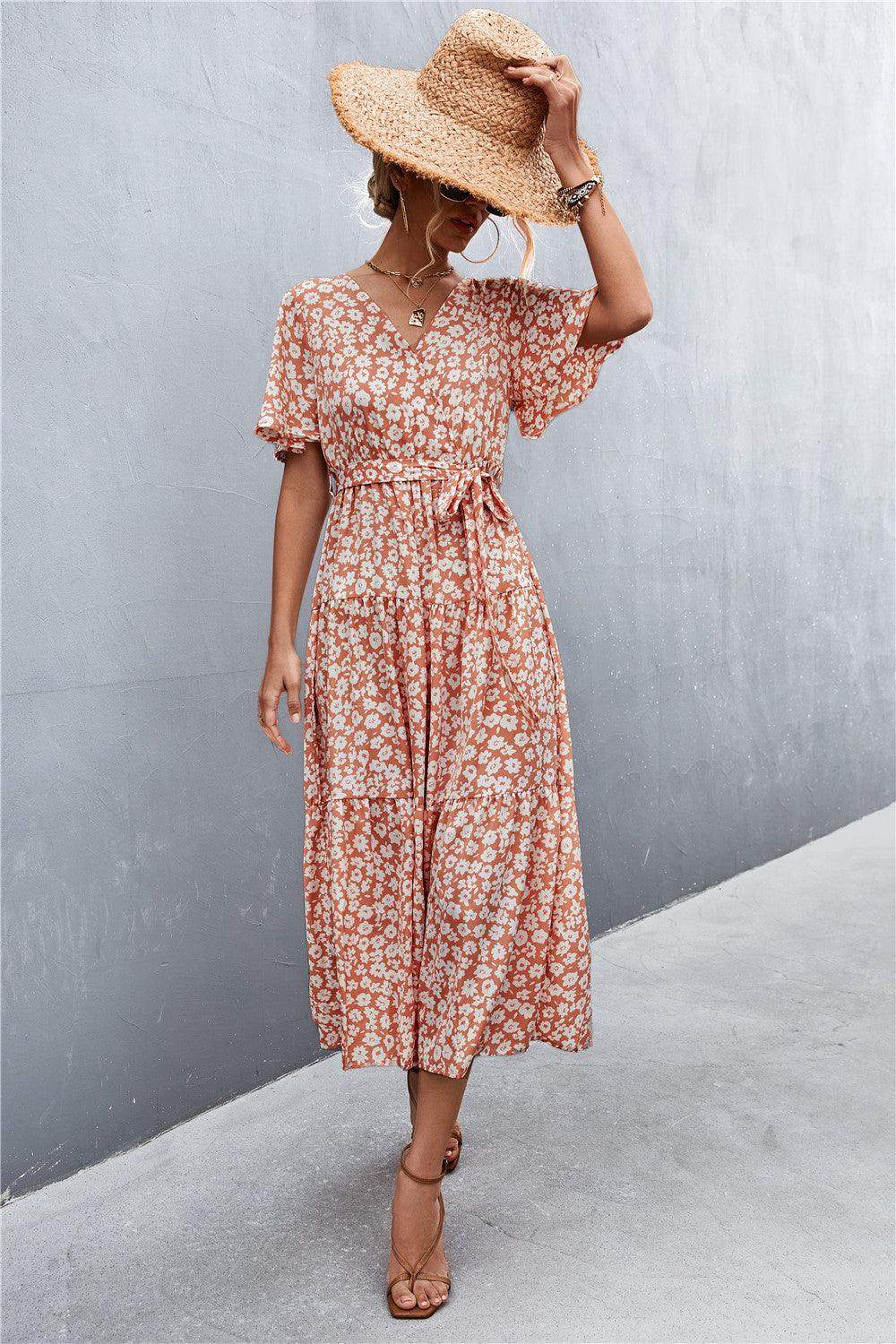 Printed V-Neck Flutter Sleeve Belted Dress - Trendsi - Flyclothing LLC