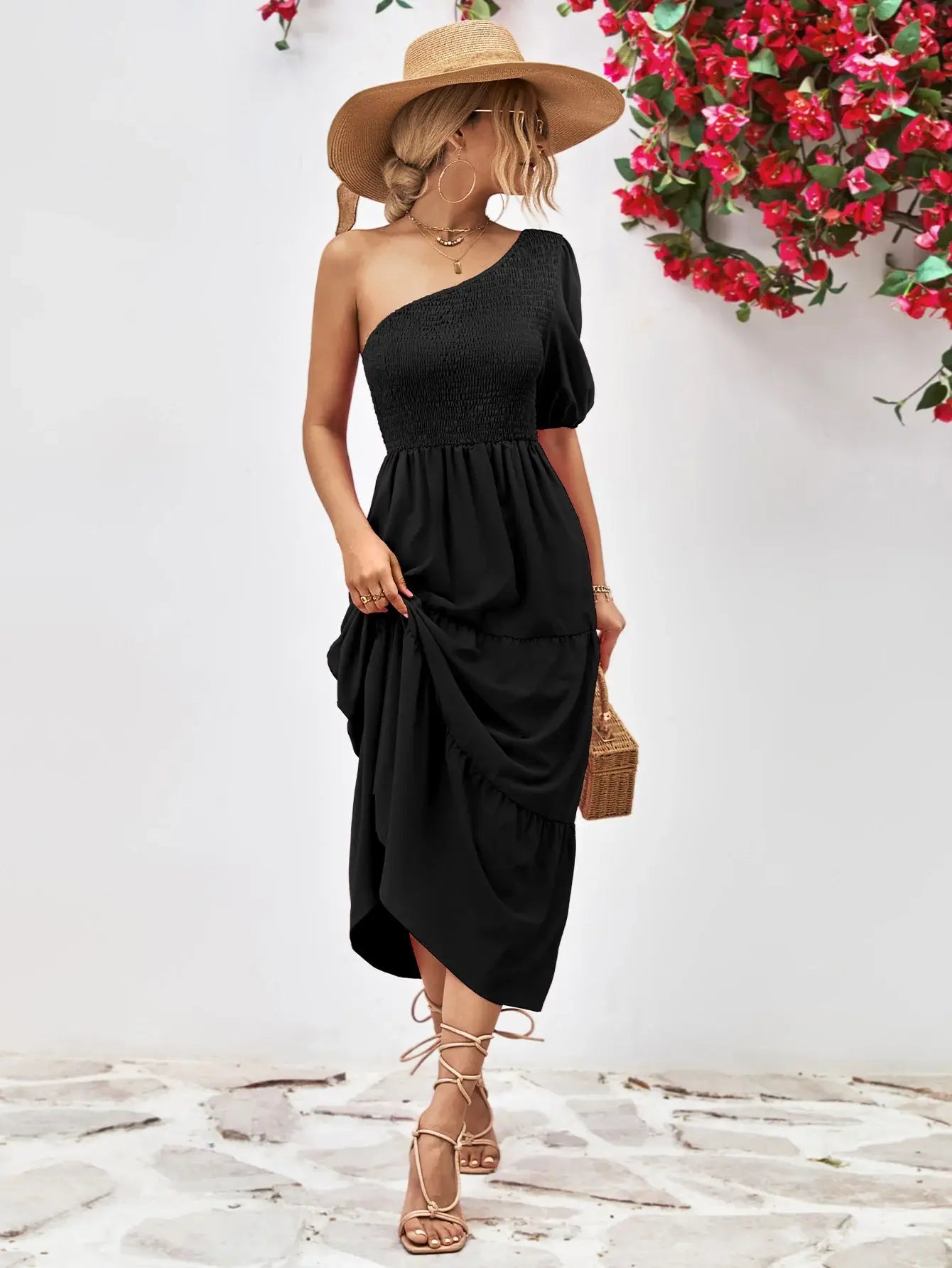 Smocked One-Shoulder Midi Dress - Trendsi - Flyclothing LLC