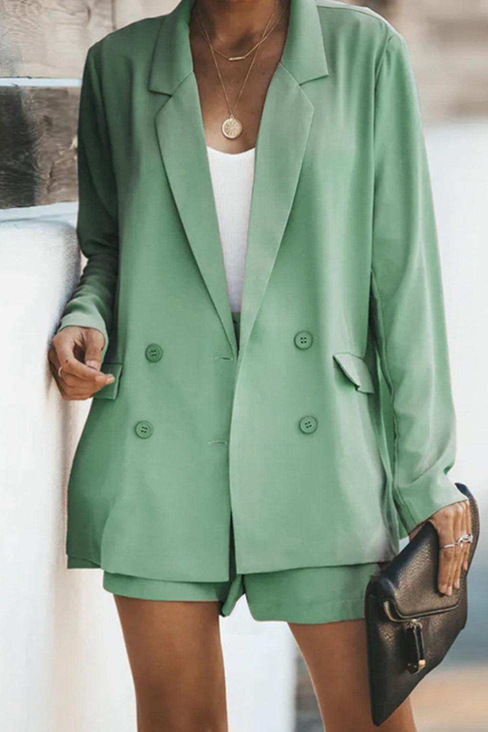 Longline Blazer and Shorts Set with Pockets - Trendsi - Flyclothing LLC