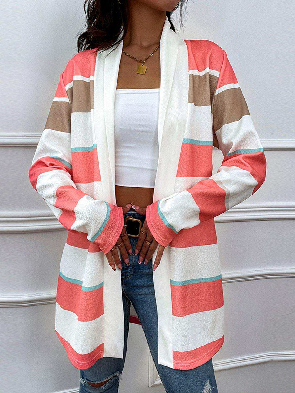 Striped Open Front Longline Cardigan - Trendsi - Flyclothing LLC