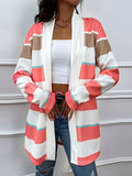 Striped Open Front Longline Cardigan - Trendsi