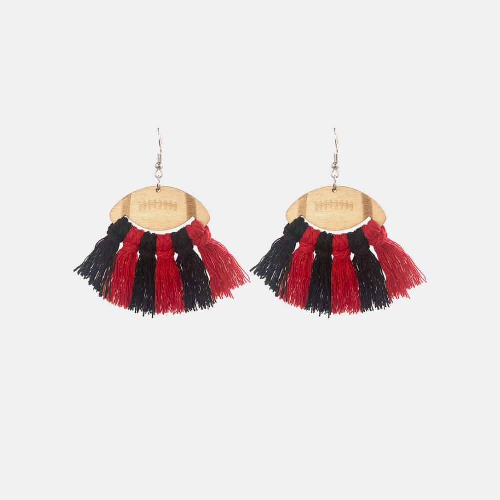 Fringe Detail Football Shape Wooden Dangle Earrings - Trendsi