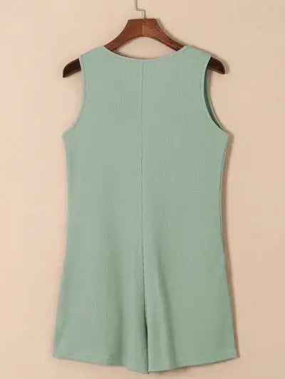 Waffle-Knit Half Button Sleeveless Romper with Pockets - Trendsi - Flyclothing LLC