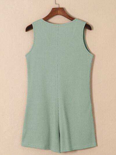 Waffle-Knit Half Button Sleeveless Romper with Pockets - Trendsi - Flyclothing LLC