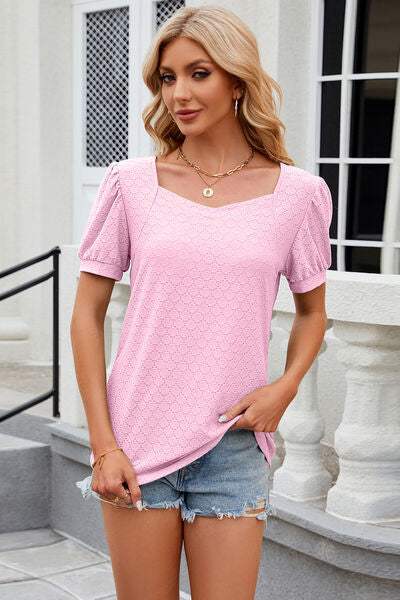 Eyelet Short Sleeve T-Shirt - Trendsi - Flyclothing LLC