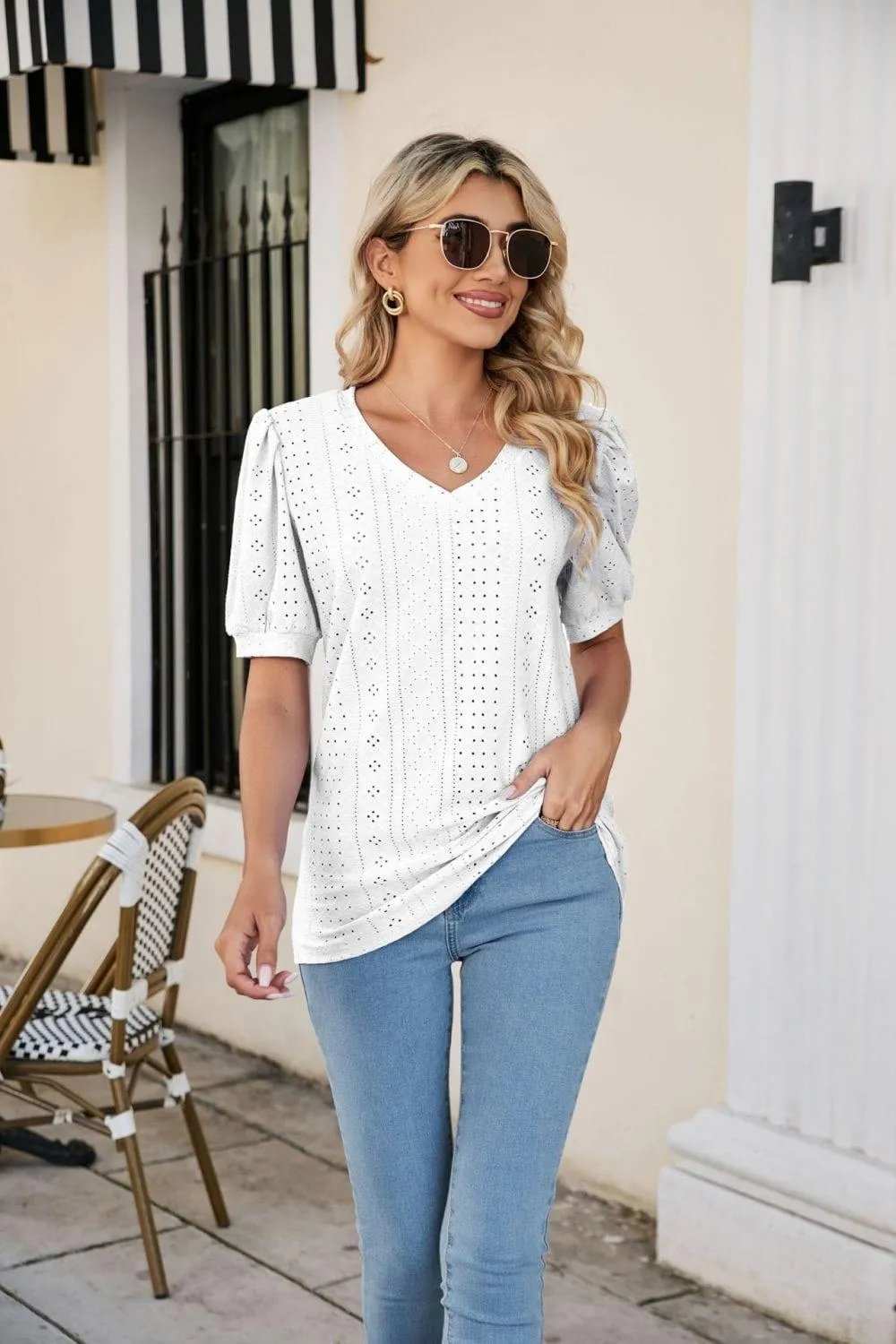 Eyelet Puff Sleeve V-Neck Top - Trendsi - Flyclothing LLC