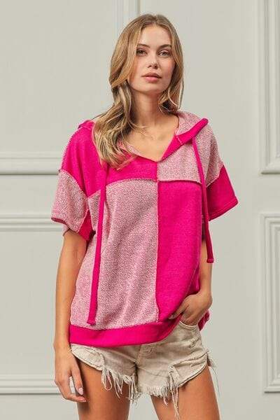 BiBi Color Block Exposed Seam Short Sleeve Hooded Top - Trendsi - Flyclothing LLC