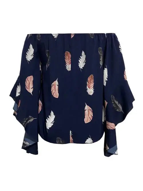 Feather Print Smocked Off-Shoulder Blouse - Trendsi - Flyclothing LLC
