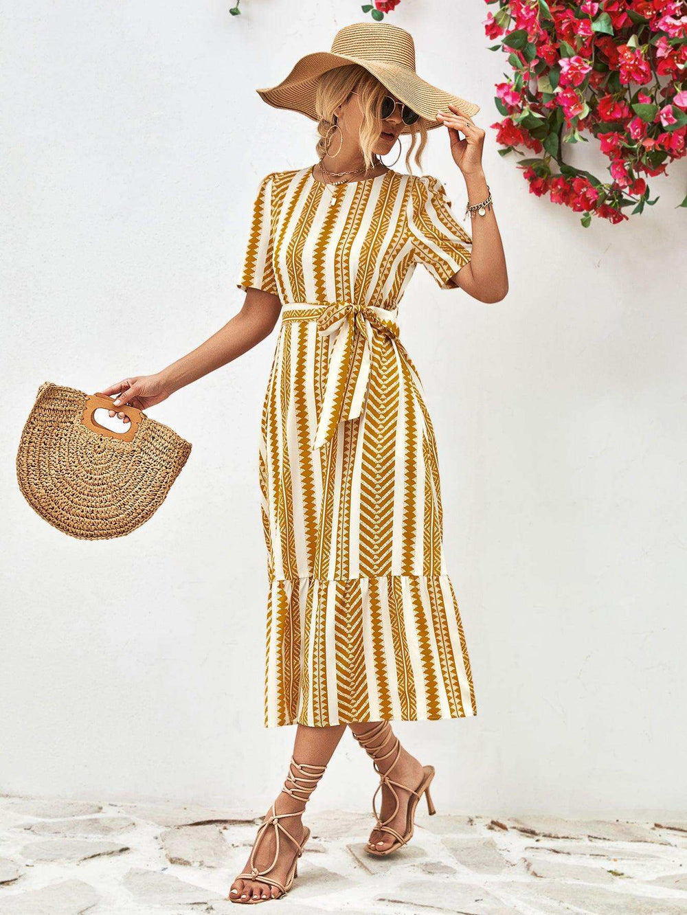 Striped Tie Belt Round Neck Puff Sleeve Dress - Trendsi - Flyclothing LLC