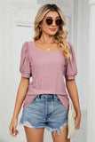 Eyelet Puff Sleeve Round Neck Top - Trendsi