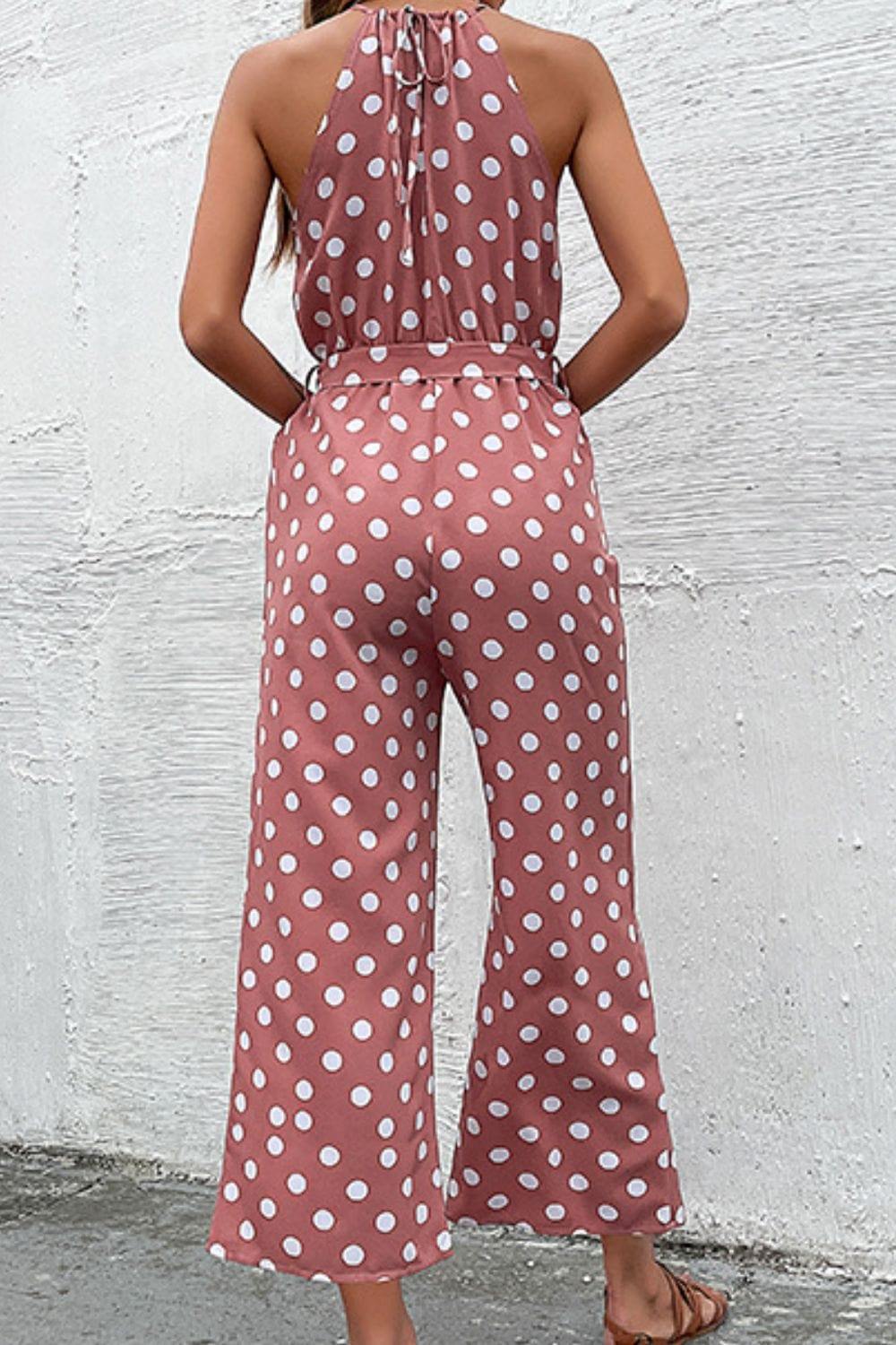 Polka Dot Grecian Wide Leg Jumpsuit - Trendsi