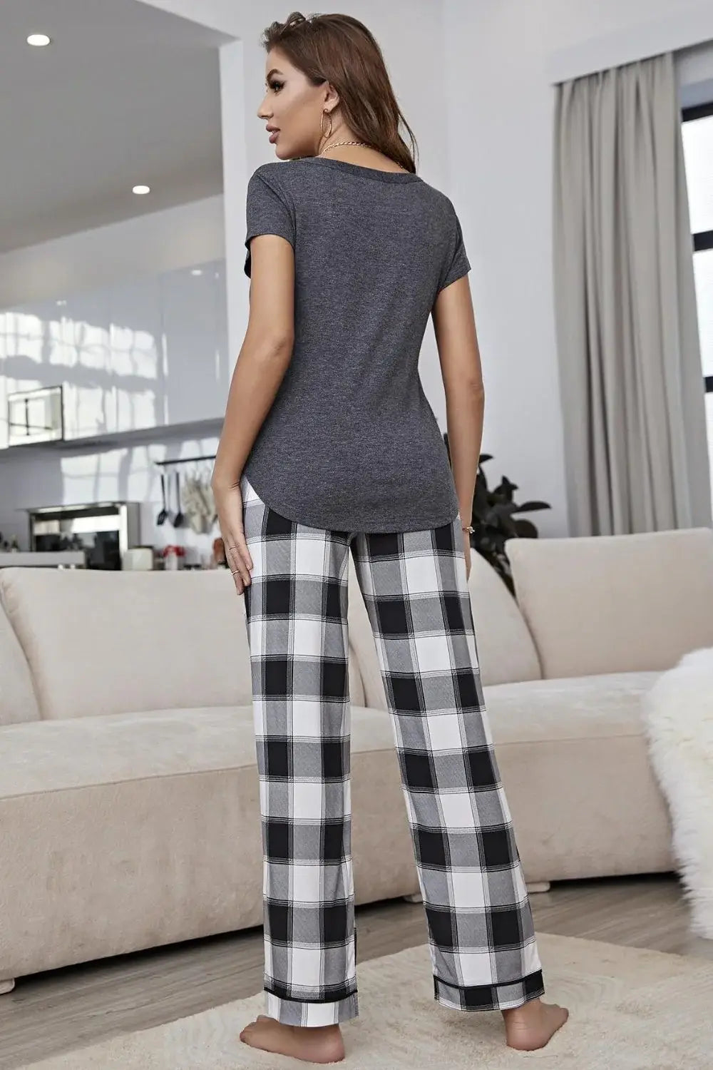 Curved Hem Short Sleeve Top and Plaid Pants Lounge Set - Trendsi - Flyclothing LLC