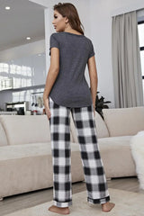 Curved Hem Short Sleeve Top and Plaid Pants Lounge Set - Trendsi - Flyclothing LLC