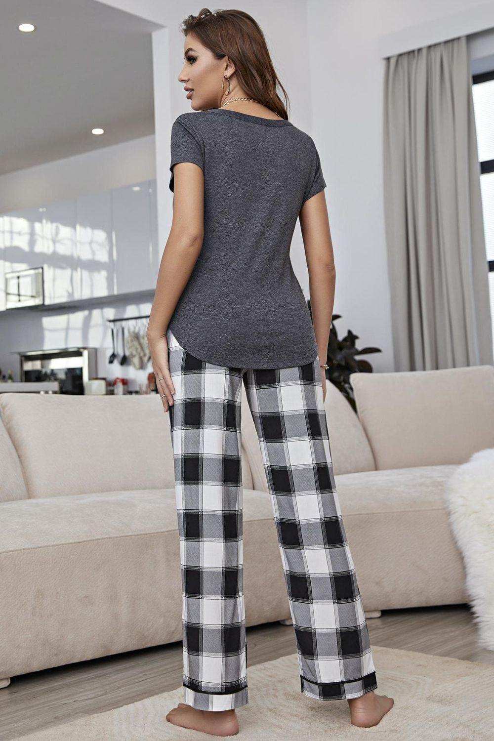 Curved Hem Short Sleeve Top and Plaid Pants Lounge Set - Trendsi - Flyclothing LLC