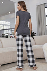 Curved Hem Short Sleeve Top and Plaid Pants Lounge Set - Trendsi