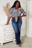 Double Take Tie Hem V-Neck Three-Quarter Sleeve Blouse - Trendsi - Flyclothing LLC