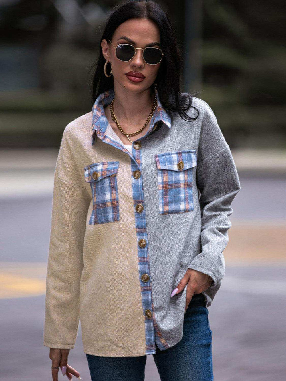 Plaid Contrast Drop Shoulder Shacket - Trendsi - Flyclothing LLC