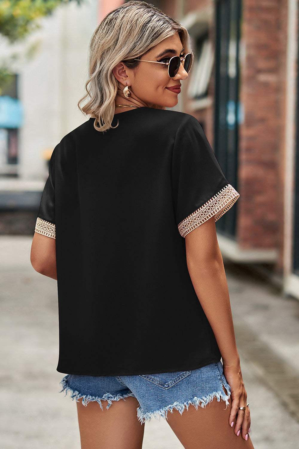 Openwork V-Neck Short Sleeve T-Shirt - Trendsi - Flyclothing LLC