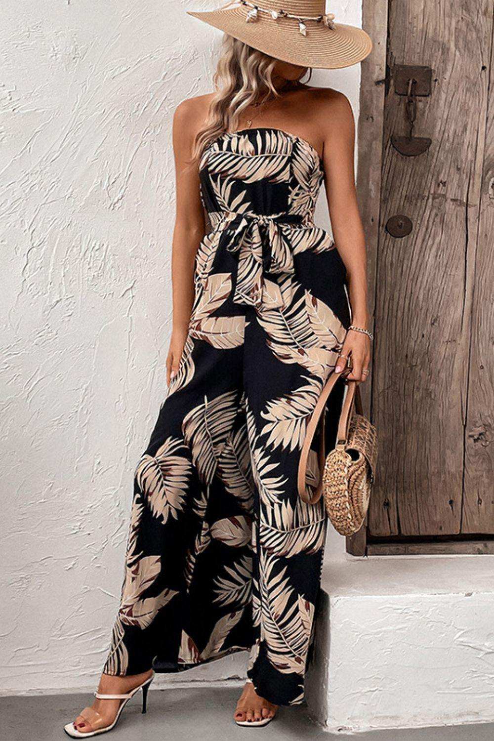 Printed Strapless Wide Leg Jumpsuit with Pockets - Trendsi - Flyclothing LLC