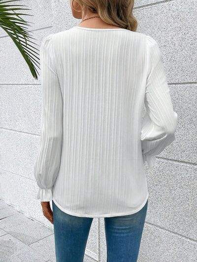 V-Neck Lace Detail Flounce Sleeve Blouse - Trendsi - Flyclothing LLC