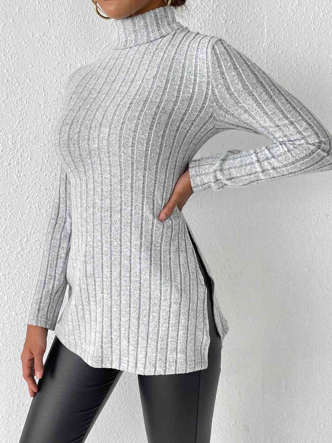 Ribbed Turtleneck Long Sleeve Slit T-Shirt - Trendsi - Flyclothing LLC