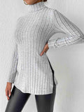 Ribbed Turtleneck Long Sleeve Slit T-Shirt - Trendsi - Flyclothing LLC